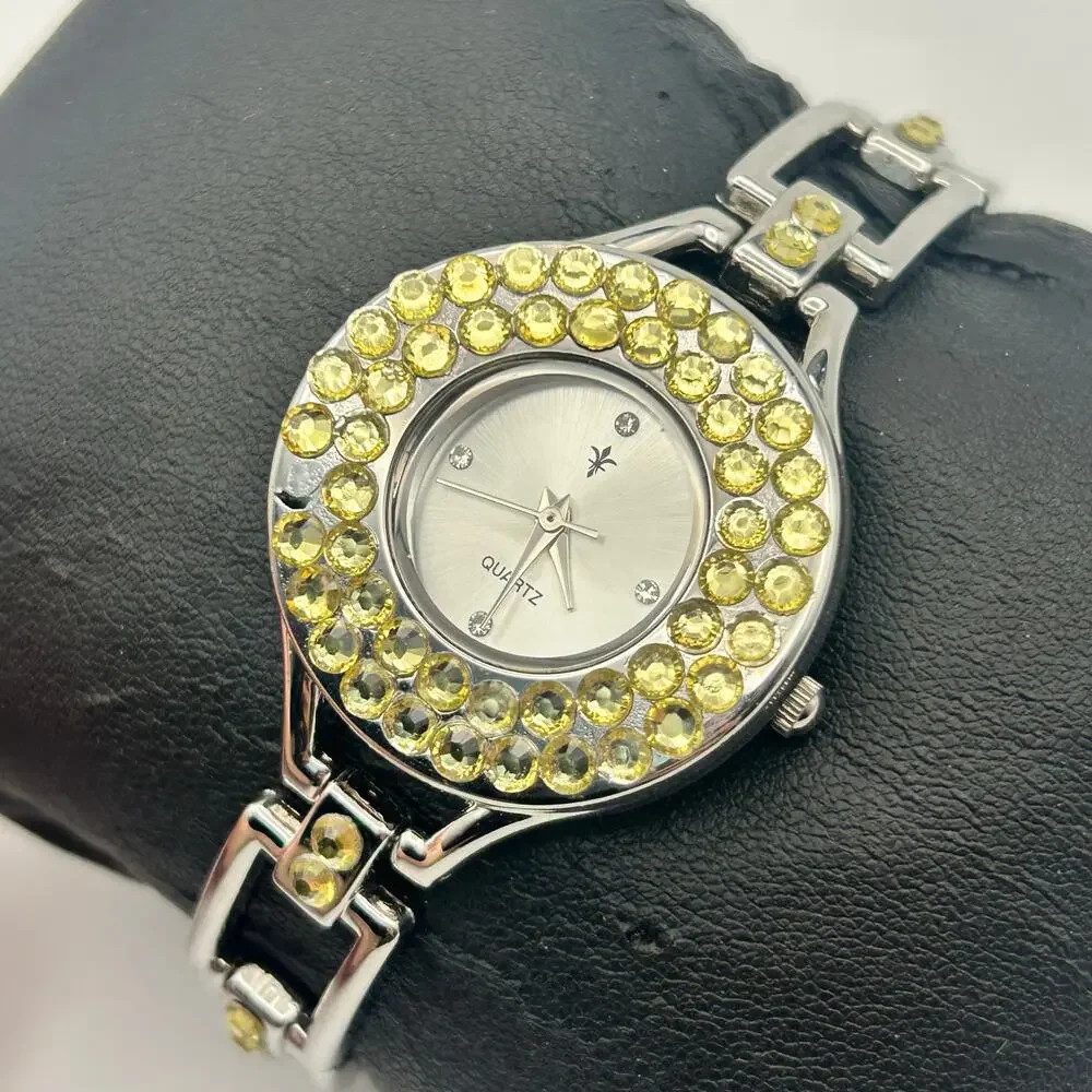 Womens Silver Tone Quartz Watch with Yellow Rhinestone/Crystal Bezel New Battery - Picture 2 of 8